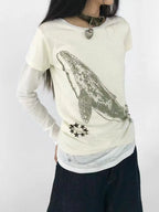 Whale Embroidery Layered Contrast Long Sleeve Tee OL2207