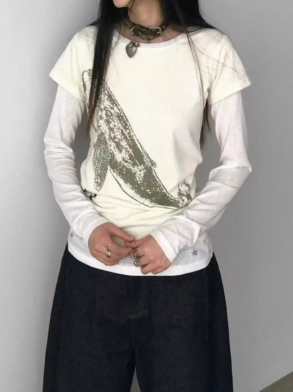 Whale Embroidery Layered Contrast Long Sleeve Tee OL2207