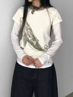 Whale Embroidery Layered Contrast Long Sleeve Tee OL2207