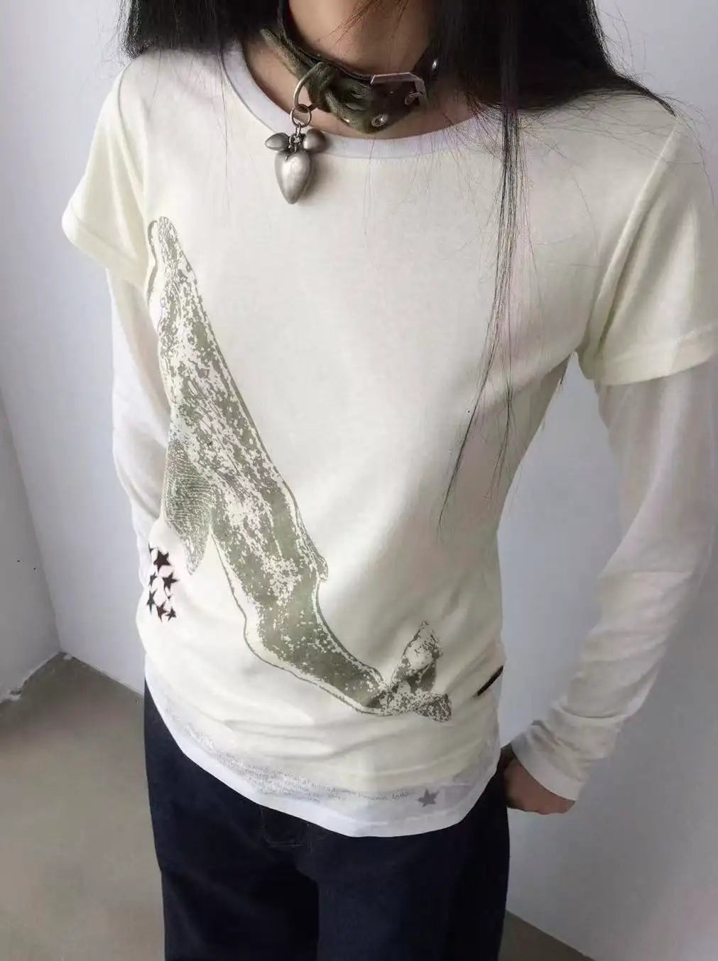 Whale Embroidery Layered Contrast Long Sleeve Tee OL2207