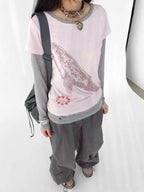 Whale Embroidery Layered Contrast Long Sleeve Tee   oliviroa オリヴィオラ