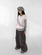 Whale Embroidery Layered Contrast Long Sleeve Tee OL2207