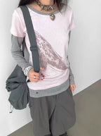 Whale Embroidery Layered Contrast Long Sleeve Tee OL2207