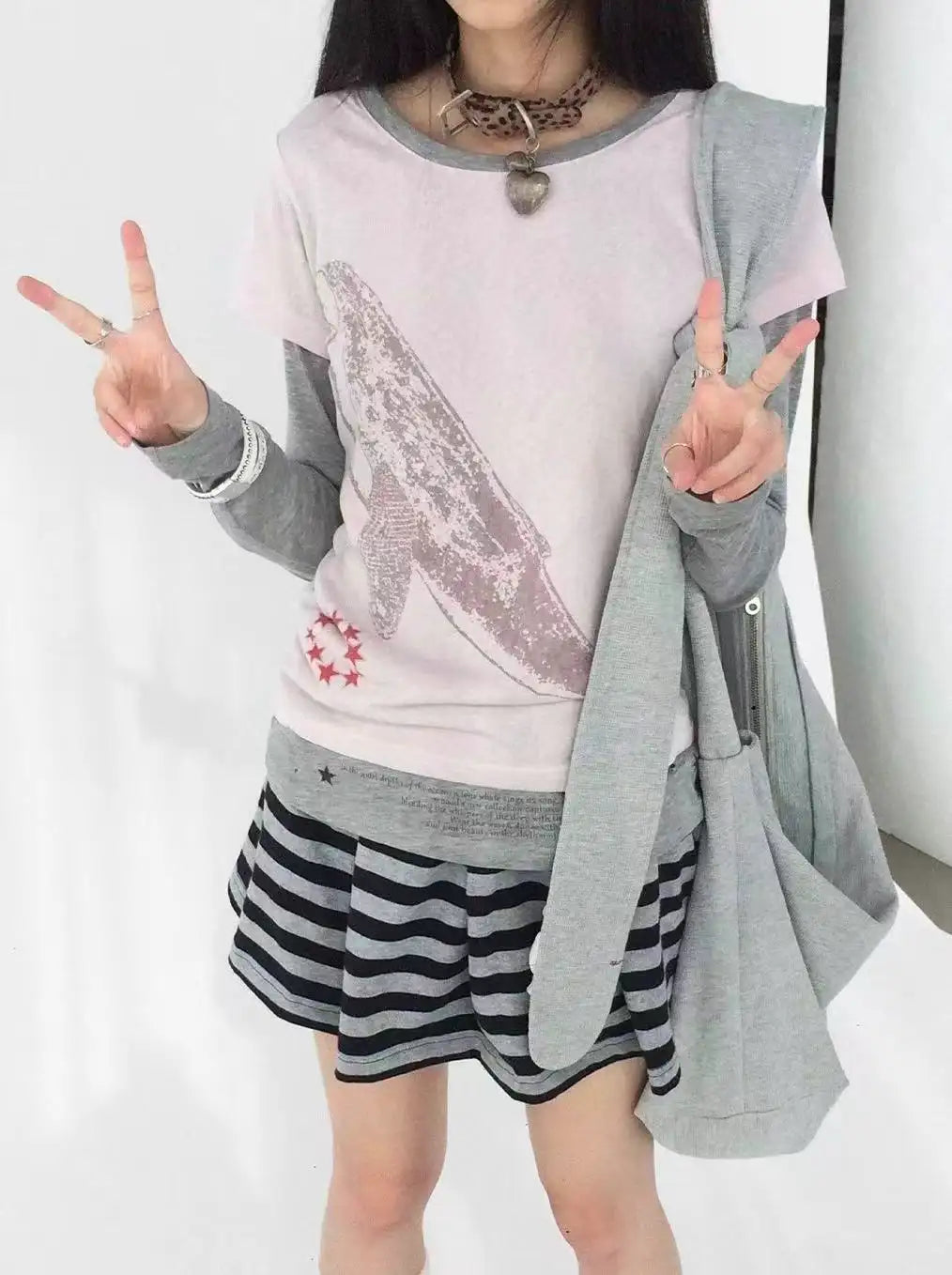 Whale Embroidery Layered Contrast Long Sleeve Tee OL2207