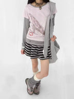 Whale Embroidery Layered Contrast Long Sleeve Tee OL2207