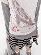 Whale Embroidery Layered Contrast Long Sleeve Tee OL2207