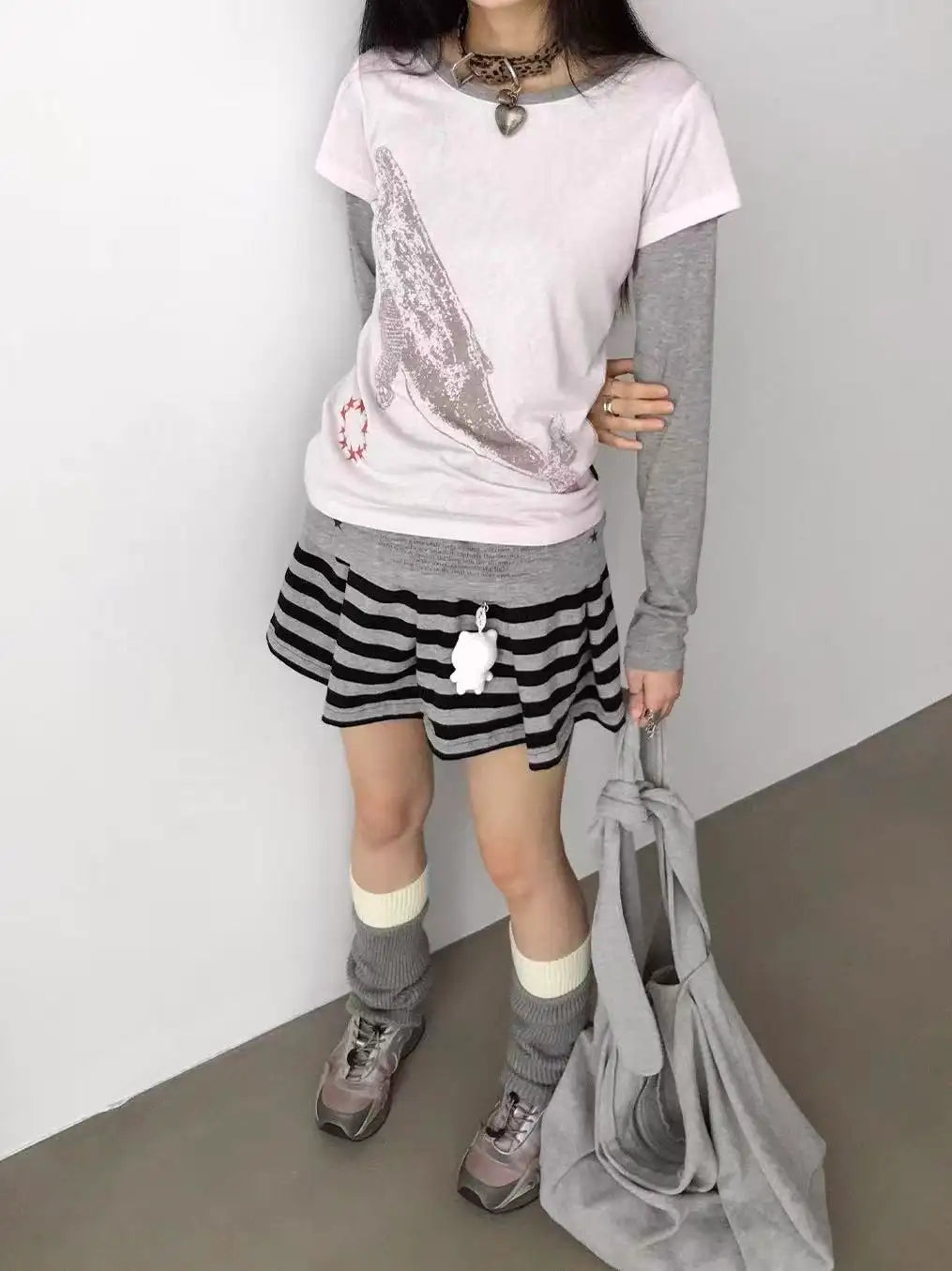 Whale Embroidery Layered Contrast Long Sleeve Tee OL2207