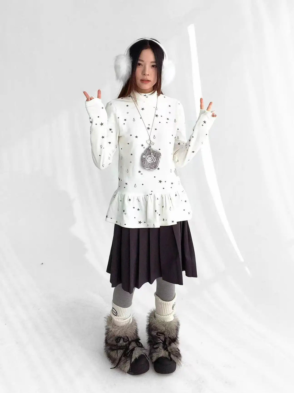 Tears Star Stripe Ruffle High Neck Stretch Top OL2208