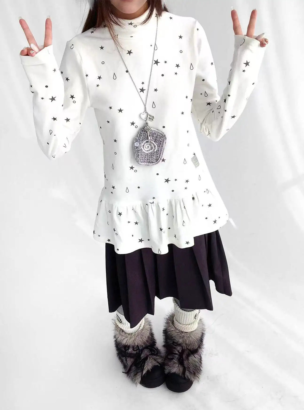 Tears Star Stripe Ruffle High Neck Stretch Top   oliviroa オリヴィオラ