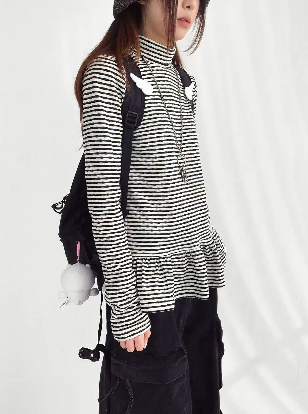 Tears Star Stripe Ruffle High Neck Stretch Top OL2208