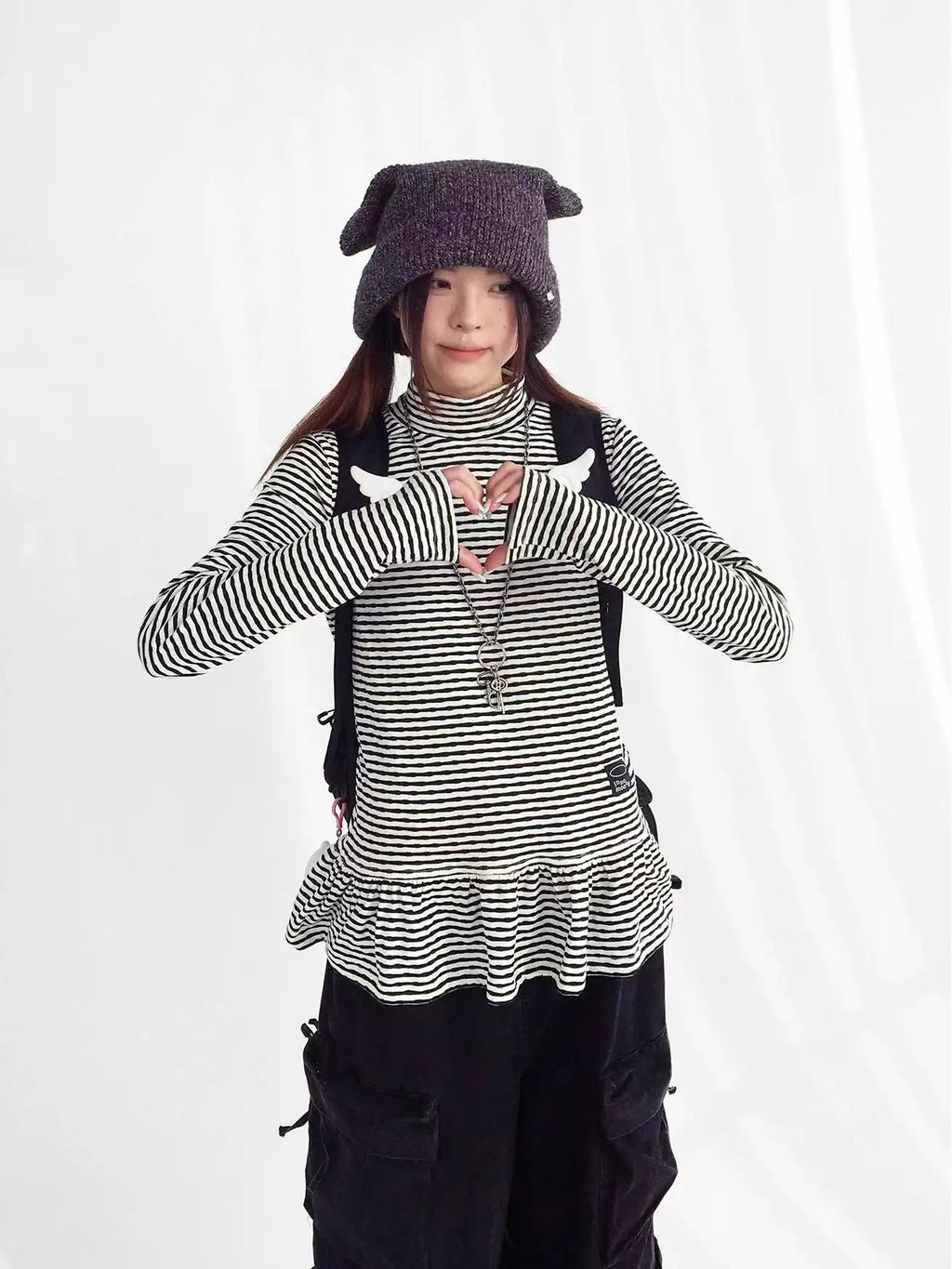 Tears Star Stripe Ruffle High Neck Stretch Top OL2208