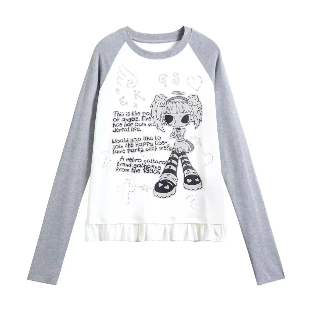 Retro Contrast Lace Trim Relaxed Long Sleeve Top OL2210