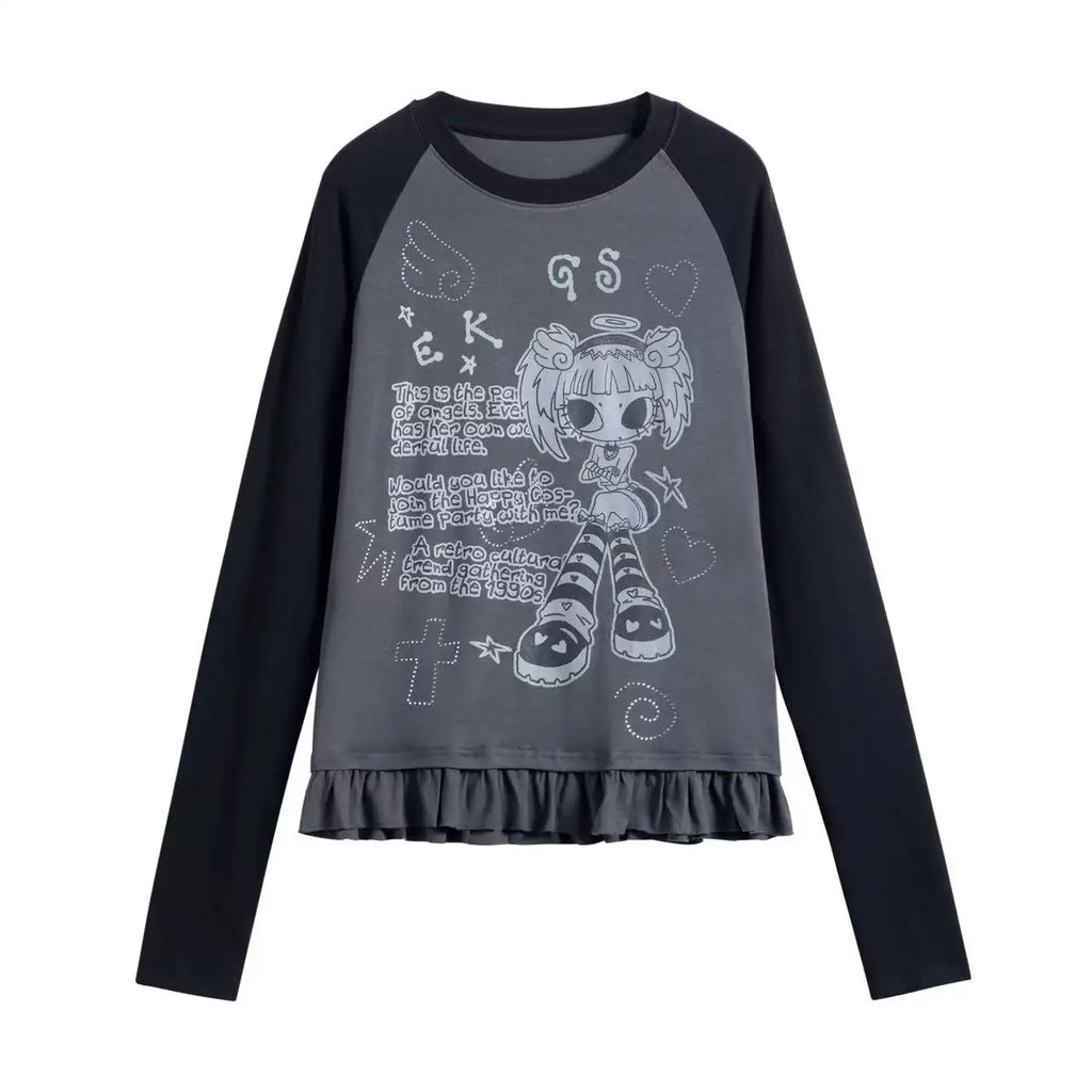 Retro Contrast Lace Trim Relaxed Long Sleeve Top OL2210