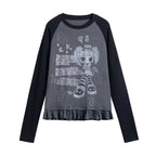 Retro Contrast Lace Trim Relaxed Long Sleeve Top OL2210