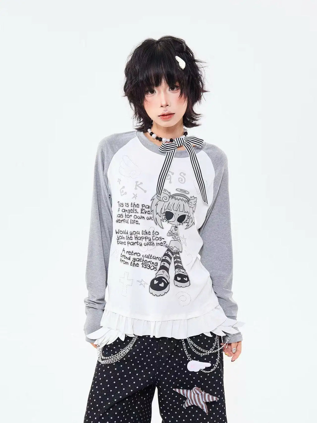 Retro Contrast Lace Trim Relaxed Long Sleeve Top   oliviroa オリヴィオラ