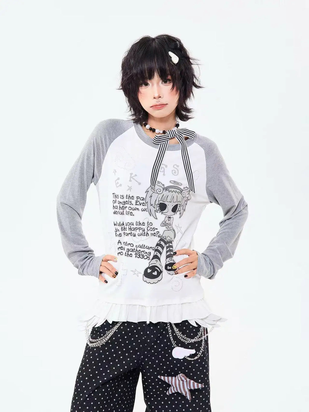 Retro Contrast Lace Trim Relaxed Long Sleeve Top   oliviroa オリヴィオラ