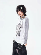 Retro Contrast Lace Trim Relaxed Long Sleeve Top OL2210