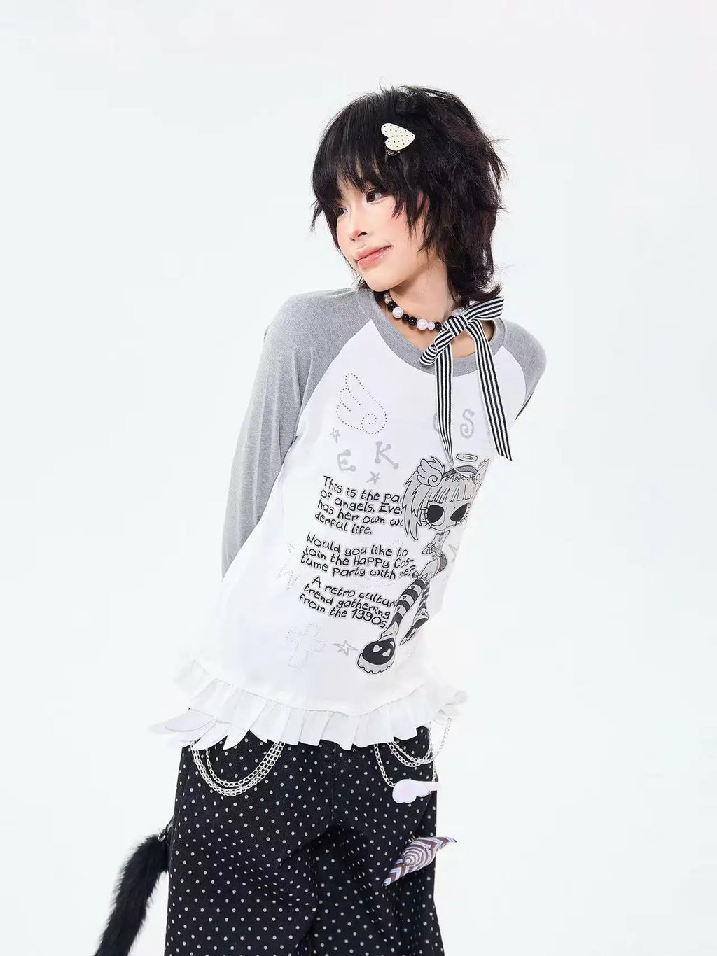 Retro Contrast Lace Trim Relaxed Long Sleeve Top OL2210