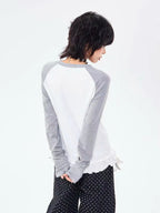 Retro Contrast Lace Trim Relaxed Long Sleeve Top OL2210