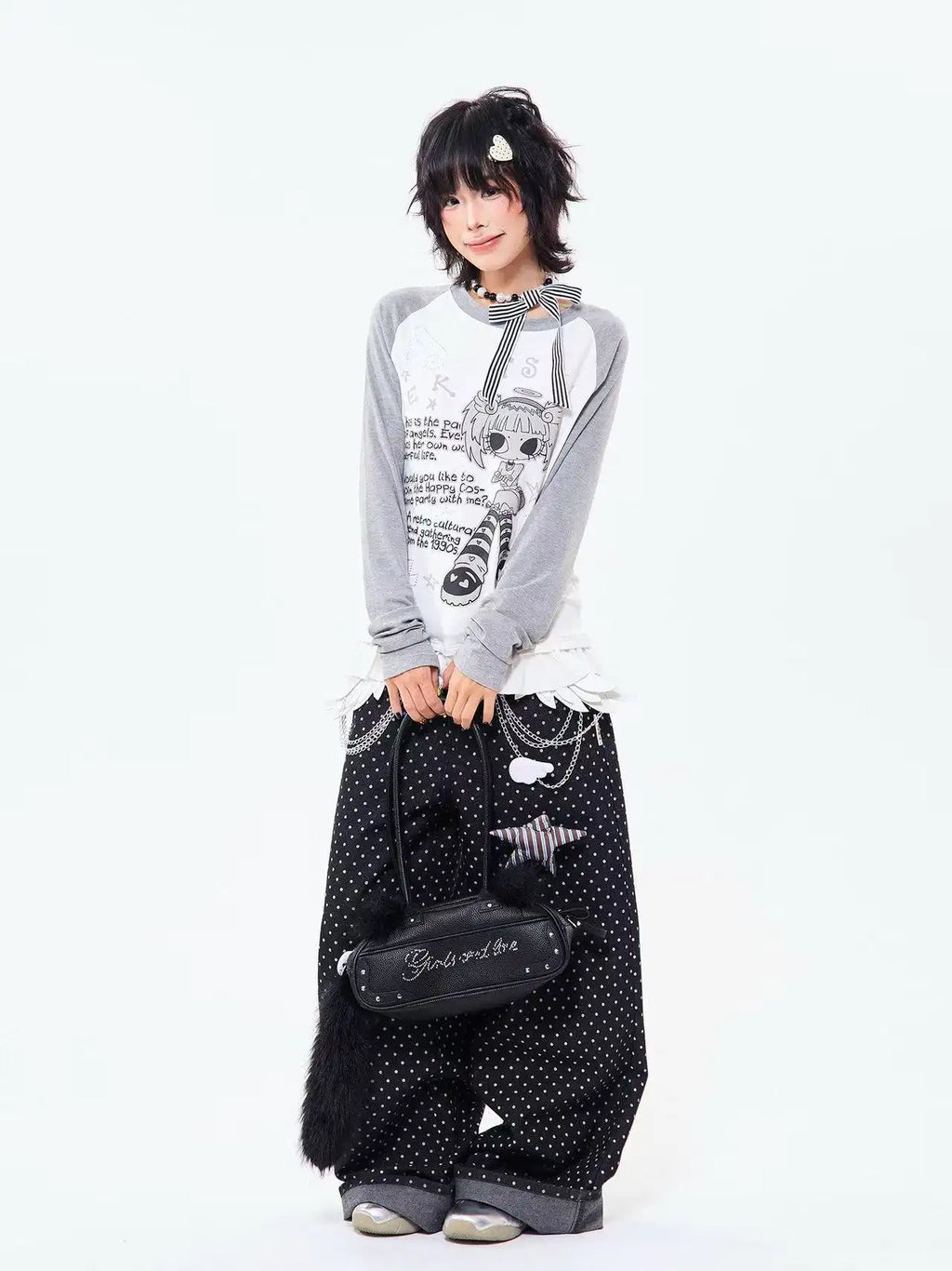 Retro Contrast Lace Trim Relaxed Long Sleeve Top OL2210