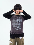 Retro Contrast Lace Trim Relaxed Long Sleeve Top OL2210