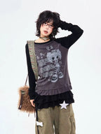 Retro Contrast Lace Trim Relaxed Long Sleeve Top OL2210