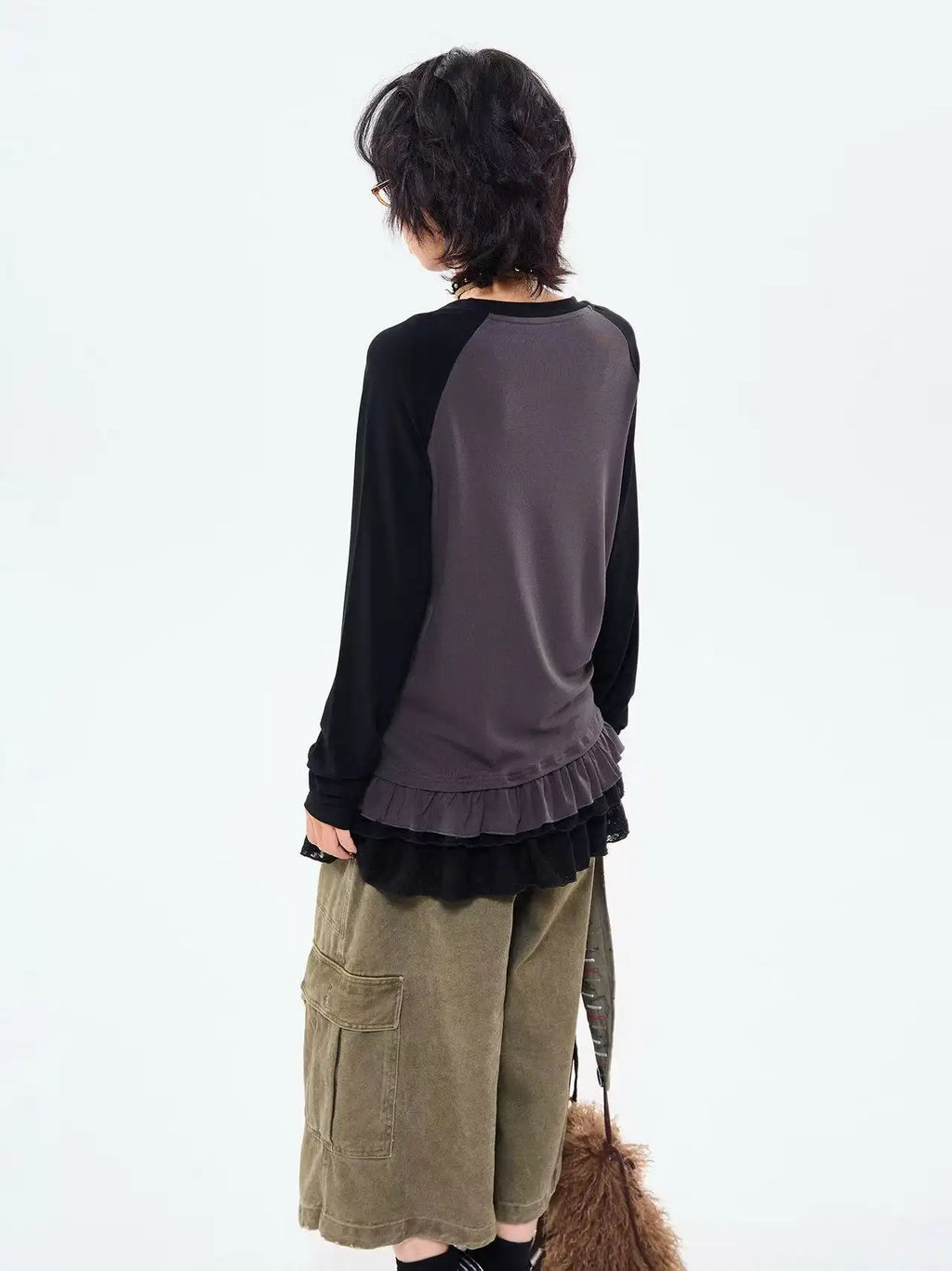 Retro Contrast Lace Trim Relaxed Long Sleeve Top OL2210