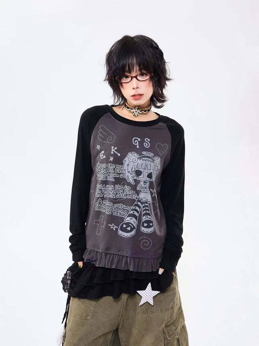 Retro Contrast Lace Trim Relaxed Long Sleeve Top OL2210