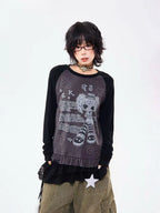 Retro Contrast Lace Trim Relaxed Long Sleeve Top OL2210