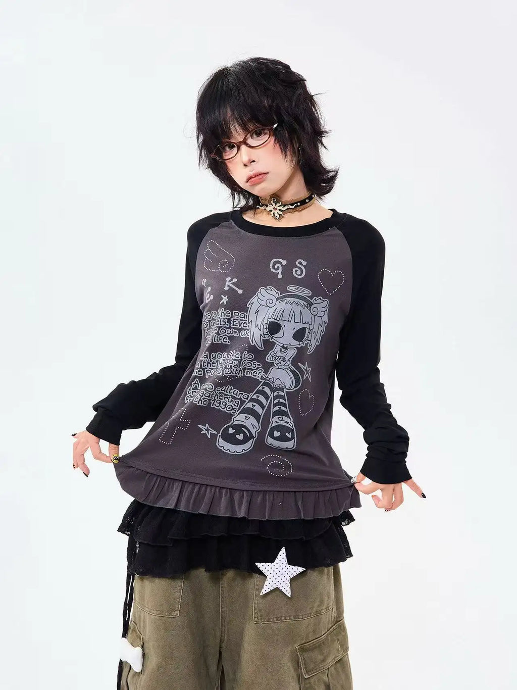 Retro Contrast Lace Trim Relaxed Long Sleeve Top OL2210