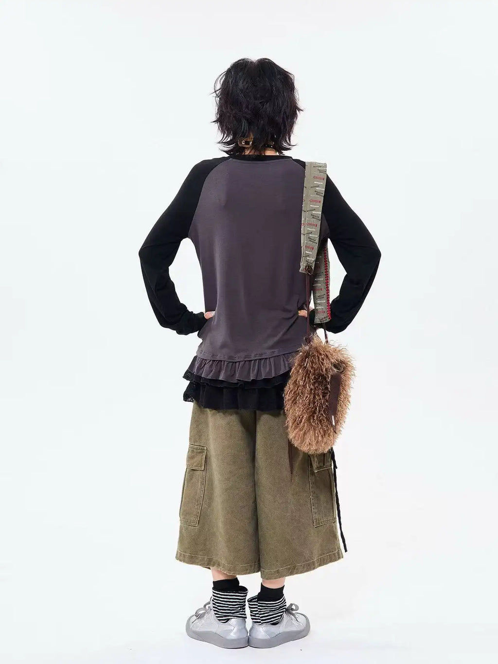 Retro Contrast Lace Trim Relaxed Long Sleeve Top OL2210