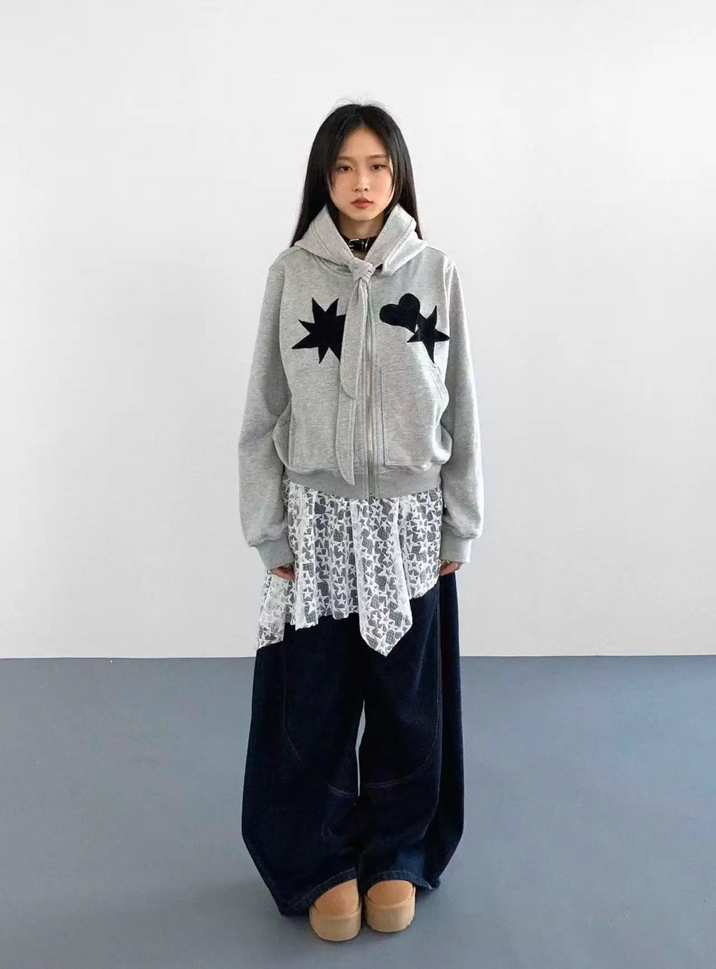 Geometric Patch Tie Hooded Cropped Top OL2211