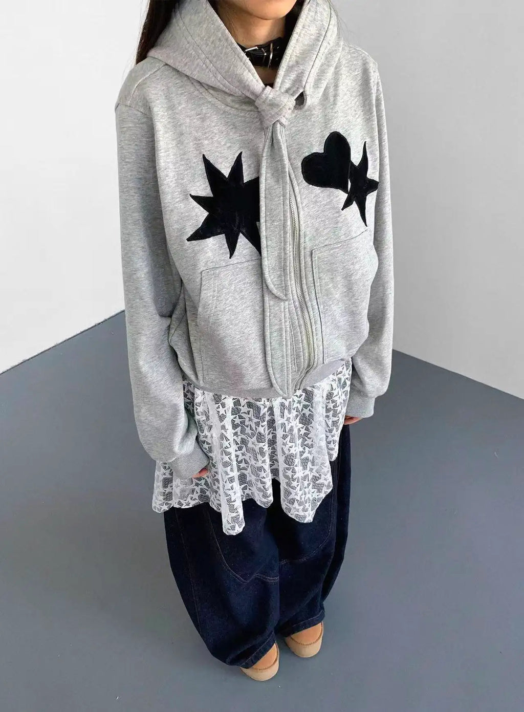 Geometric Patch Tie Hooded Cropped Top OL2211