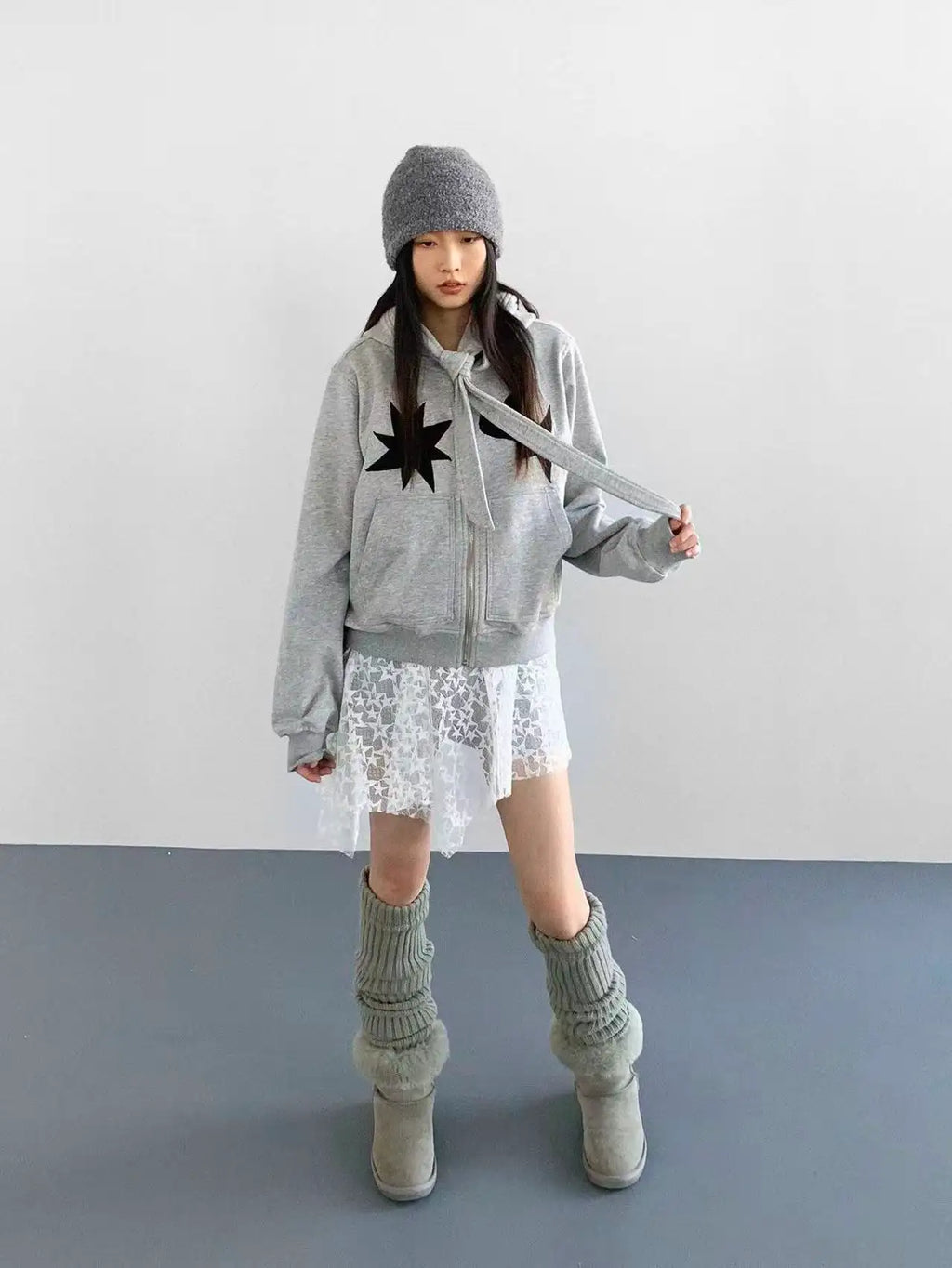 Geometric Patch Tie Hooded Cropped Top OL2211