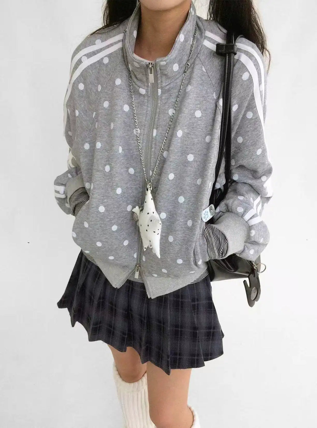 Polka Dot Stand Collar Oversized Sport Jacket OL2212