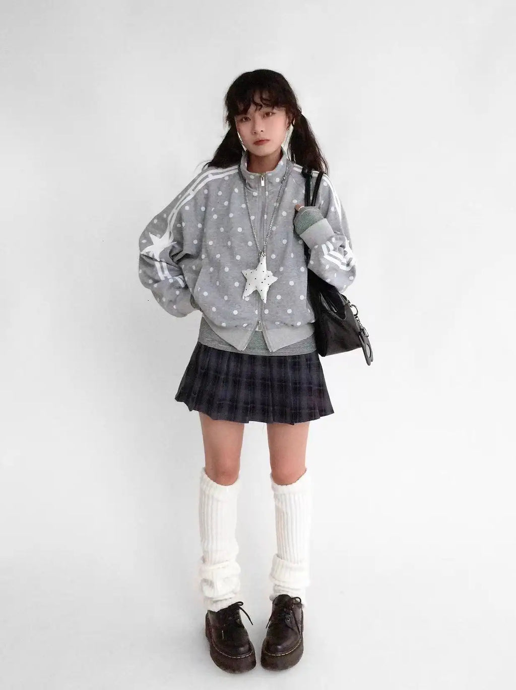 Polka Dot Stand Collar Oversized Sport Jacket   oliviroa オリヴィオラ