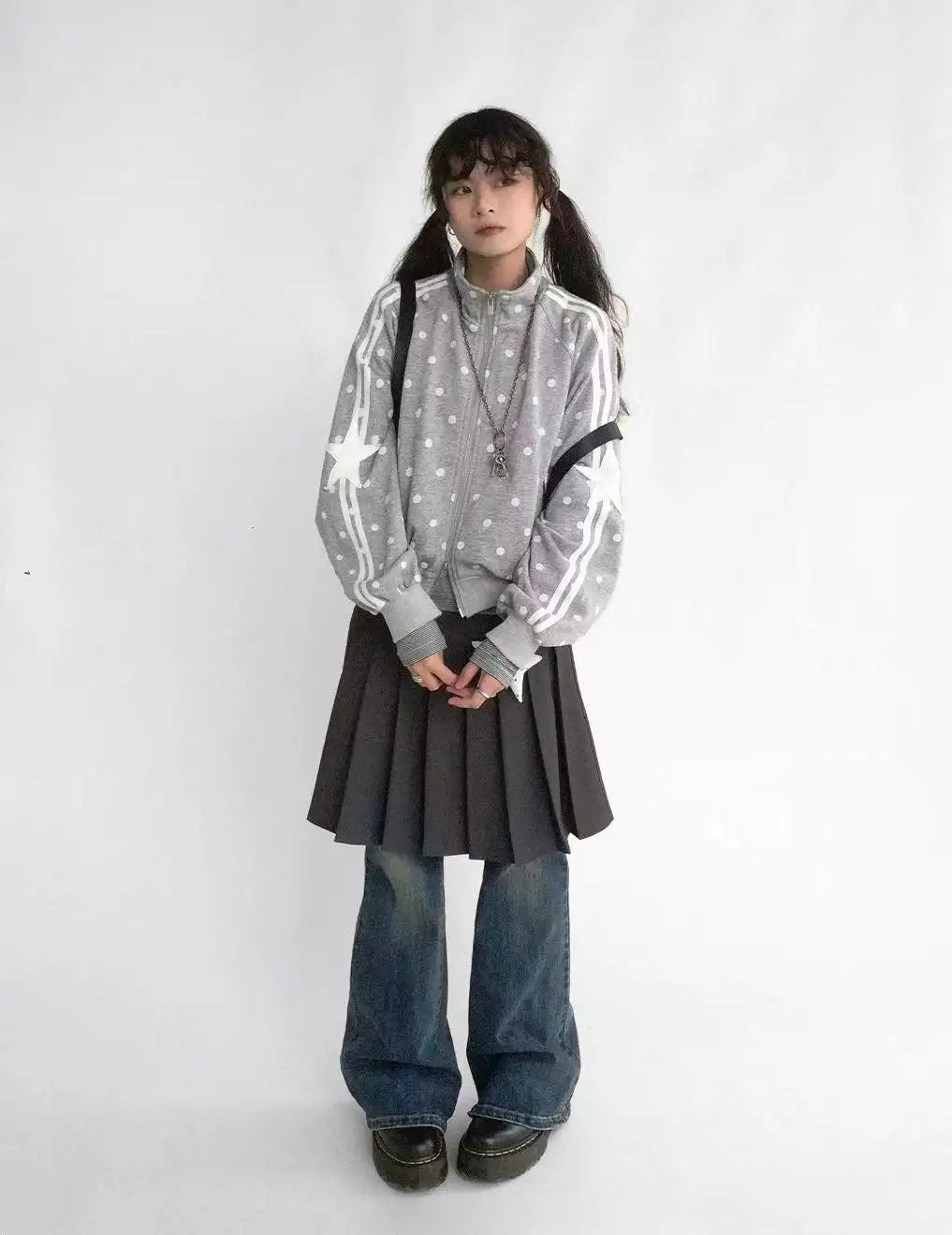 Polka Dot Stand Collar Oversized Sport Jacket   oliviroa オリヴィオラ