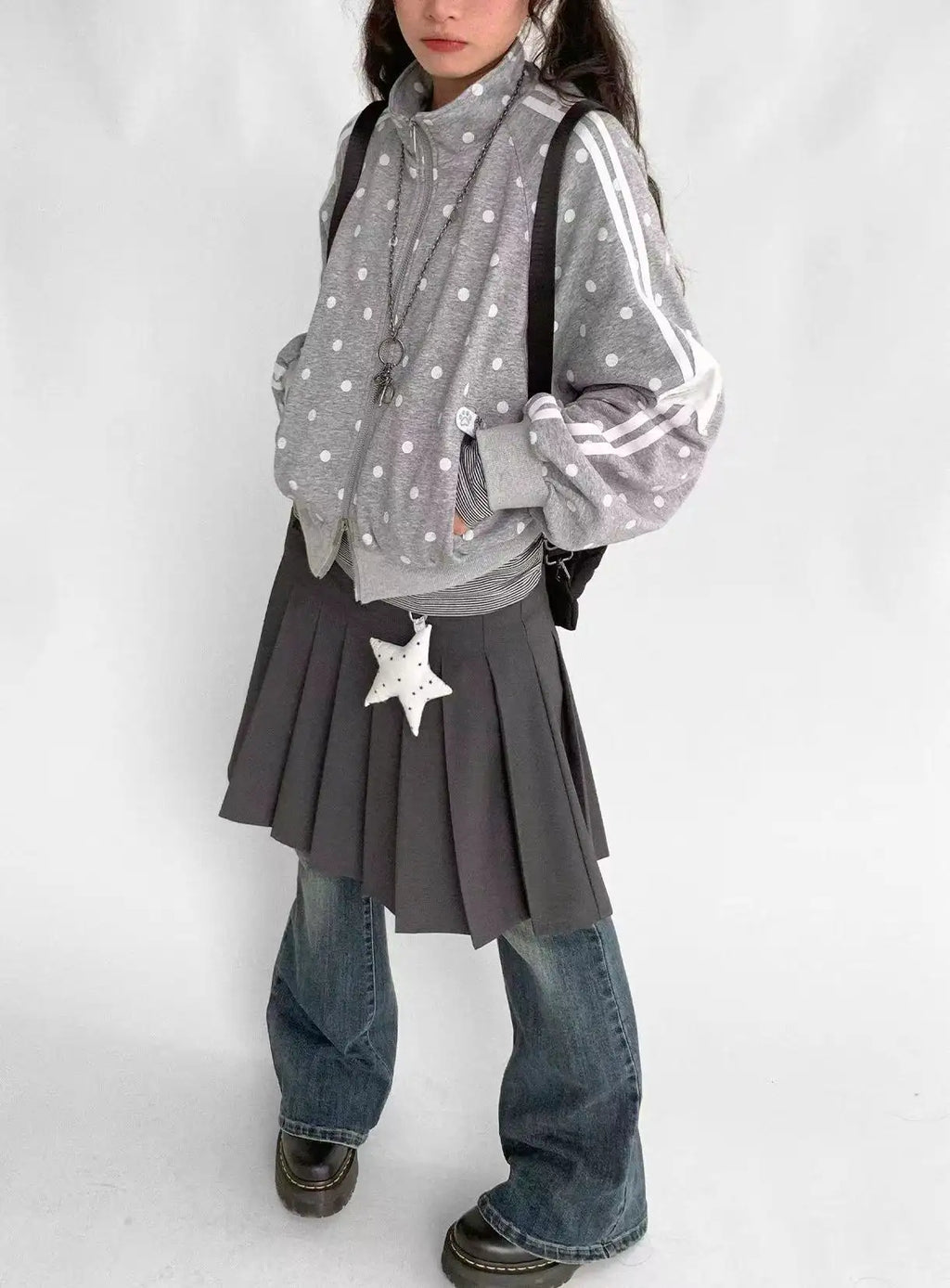 Polka Dot Stand Collar Oversized Sport Jacket OL2212