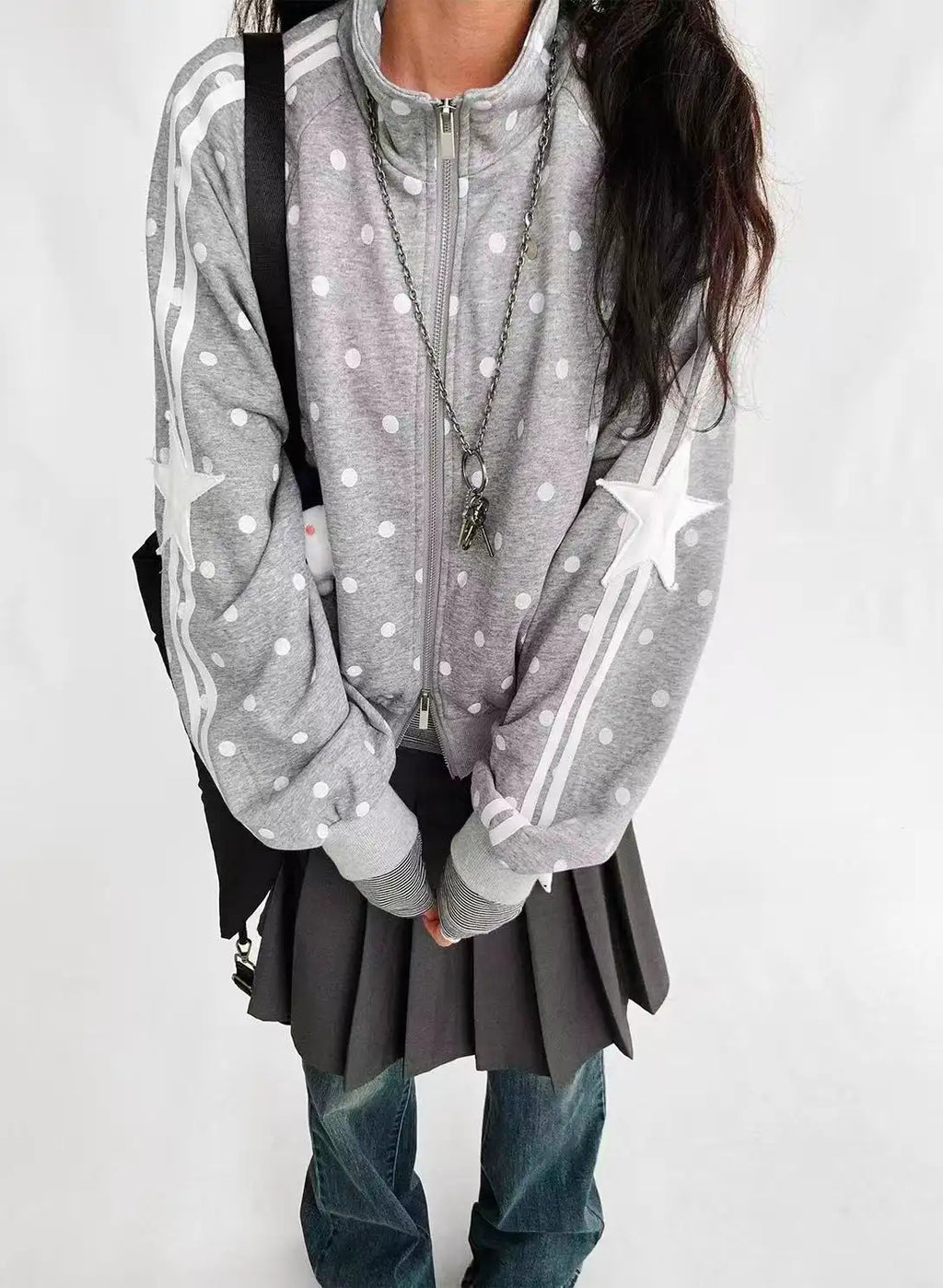 Polka Dot Stand Collar Oversized Sport Jacket OL2212