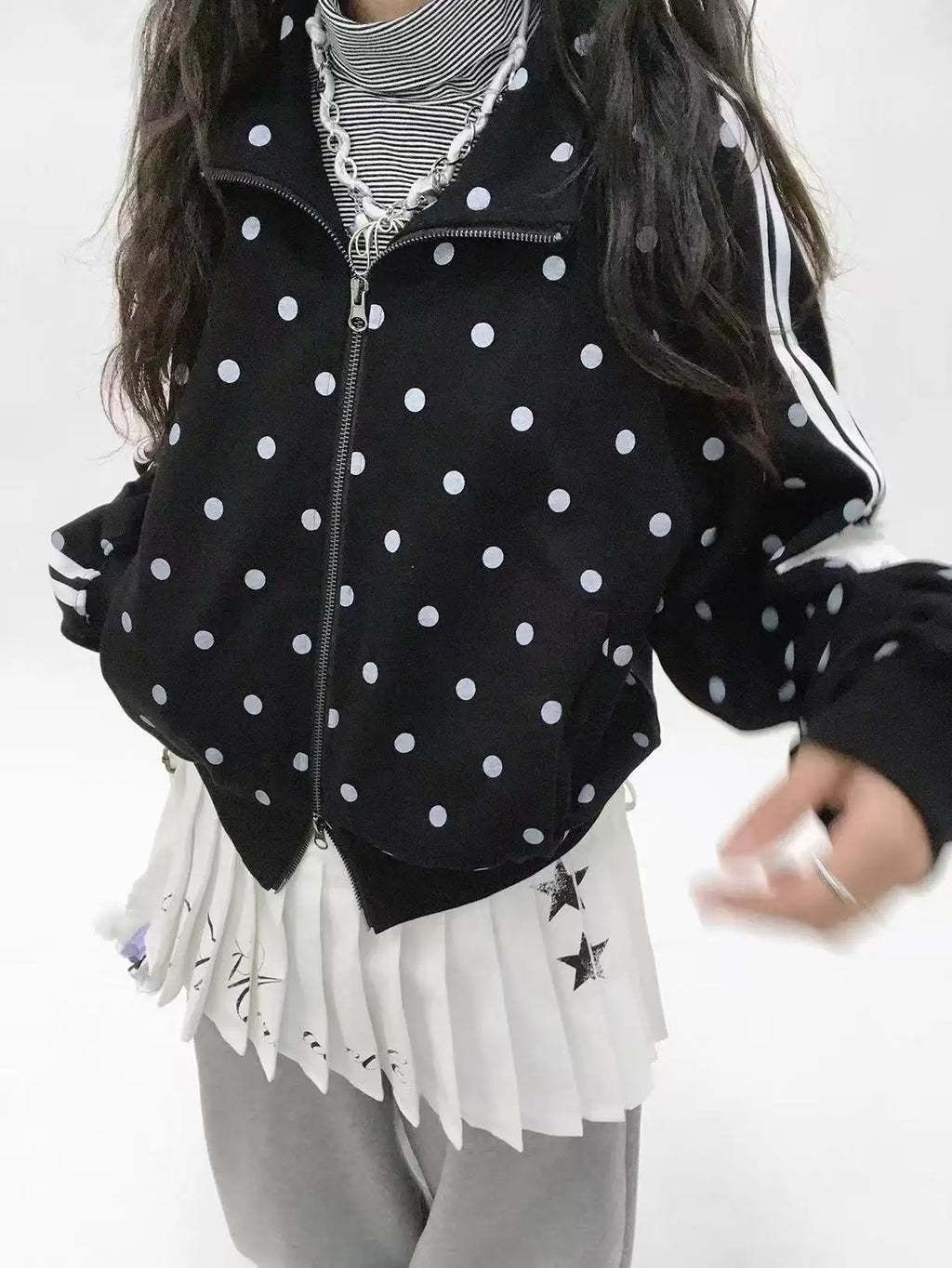 Polka Dot Stand Collar Oversized Sport Jacket OL2212