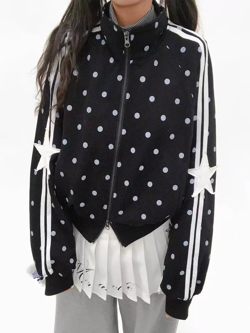 Polka Dot Stand Collar Oversized Sport Jacket OL2212