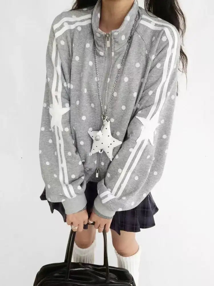 Polka Dot Stand Collar Oversized Sport Jacket OL2212