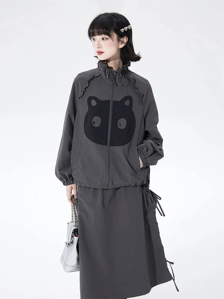 Cat Embroidered Lace Collar Drawstring Windbreaker OL2213