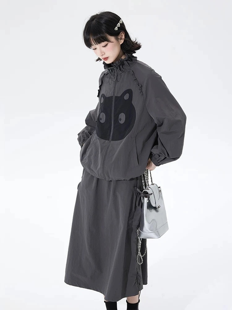 Cat Embroidered Lace Collar Drawstring Windbreaker OL2213