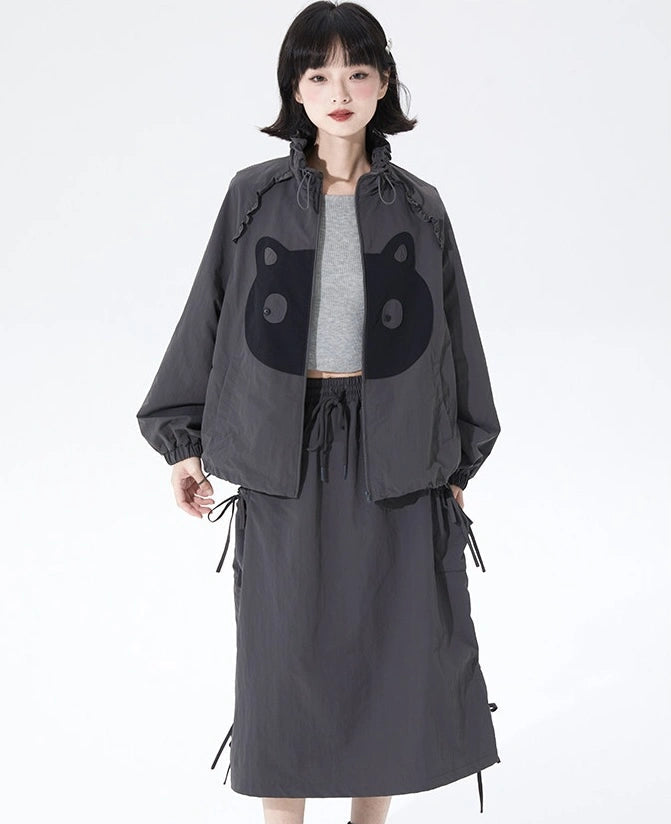 Cat Embroidered Lace Collar Drawstring Windbreaker OL2213