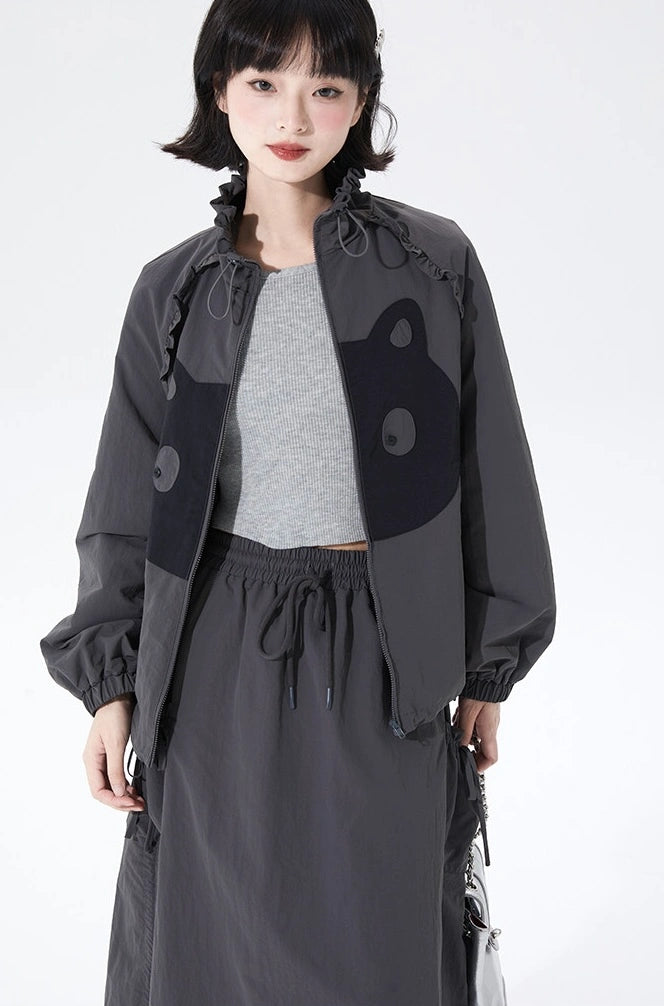 Cat Embroidered Lace Collar Drawstring Windbreaker OL2213