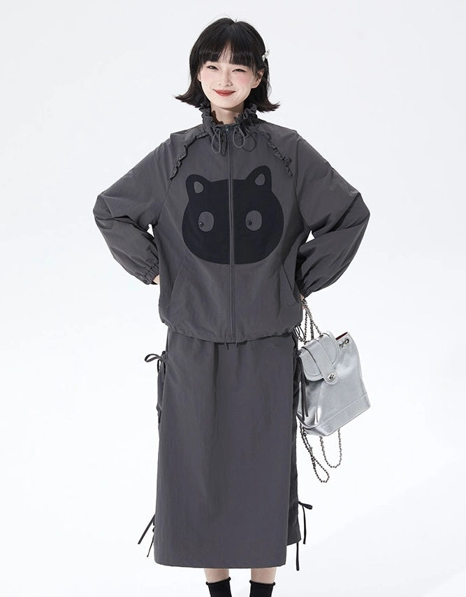 Cat Embroidered Lace Collar Drawstring Windbreaker OL2213
