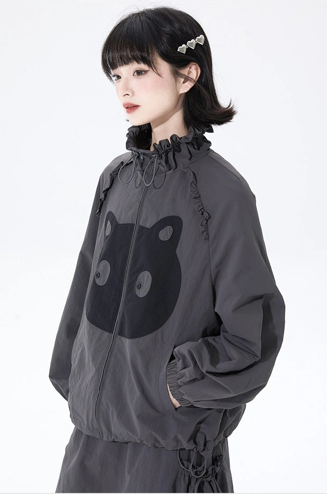 Cat Embroidered Lace Collar Drawstring Windbreaker   oliviroa オリヴィオラ