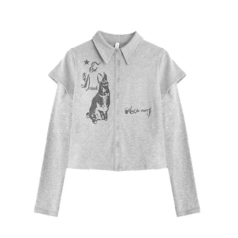 Layered Collar Bunny Print Slim Top OL2215