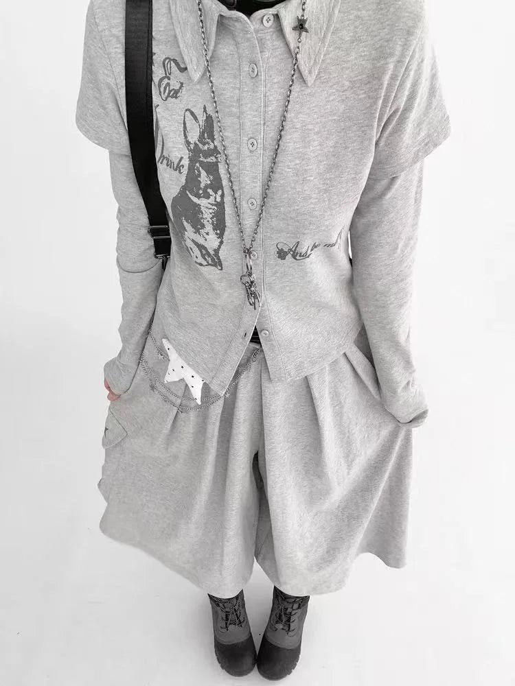 Layered Collar Bunny Print Slim Top   oliviroa オリヴィオラ